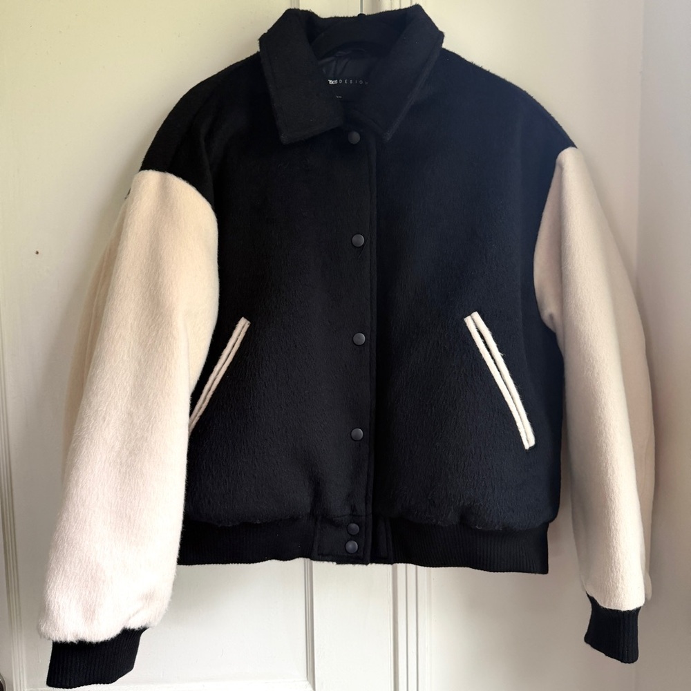 ASOS DESIGN Brushed Varsity Bomber Jacket in Navy